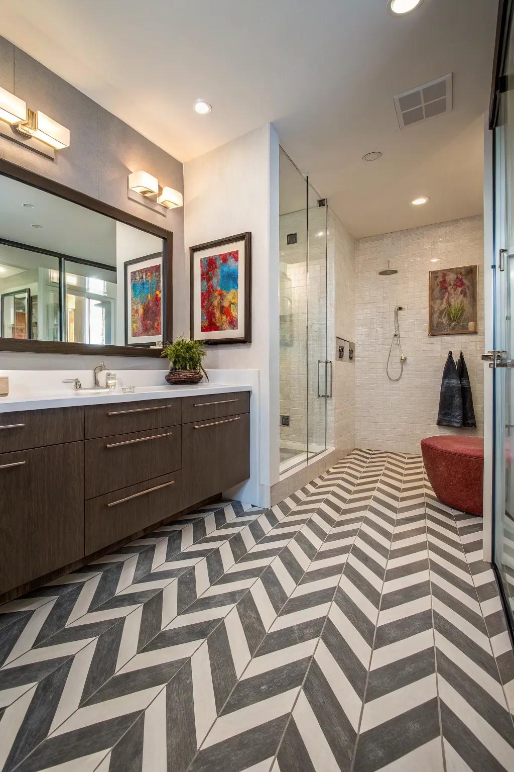 Chevron vinyl flooring adds dynamic energy to this stylish bathroom.