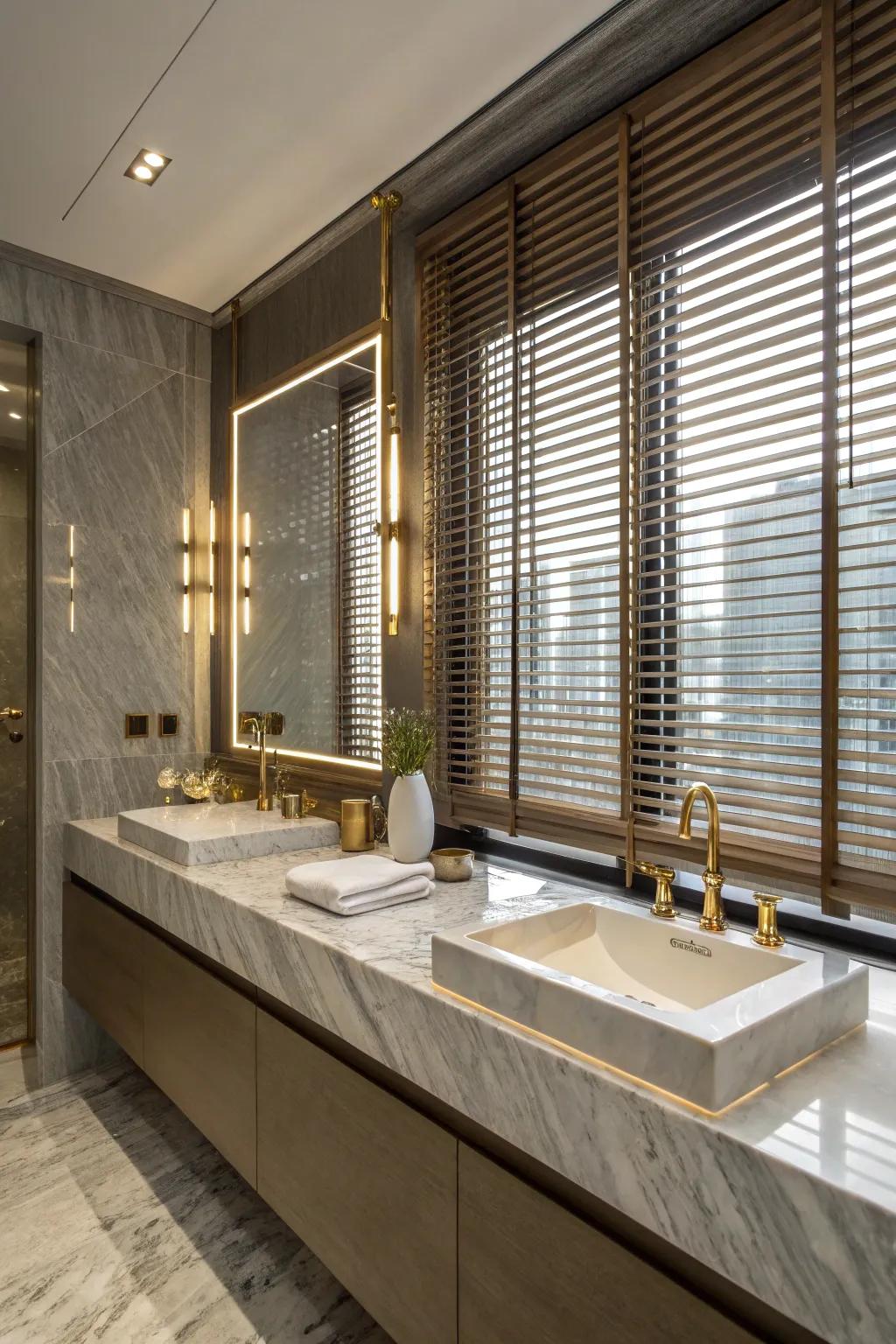 Glamorous gleam: Metallic blinds elevate your bathroom's style.