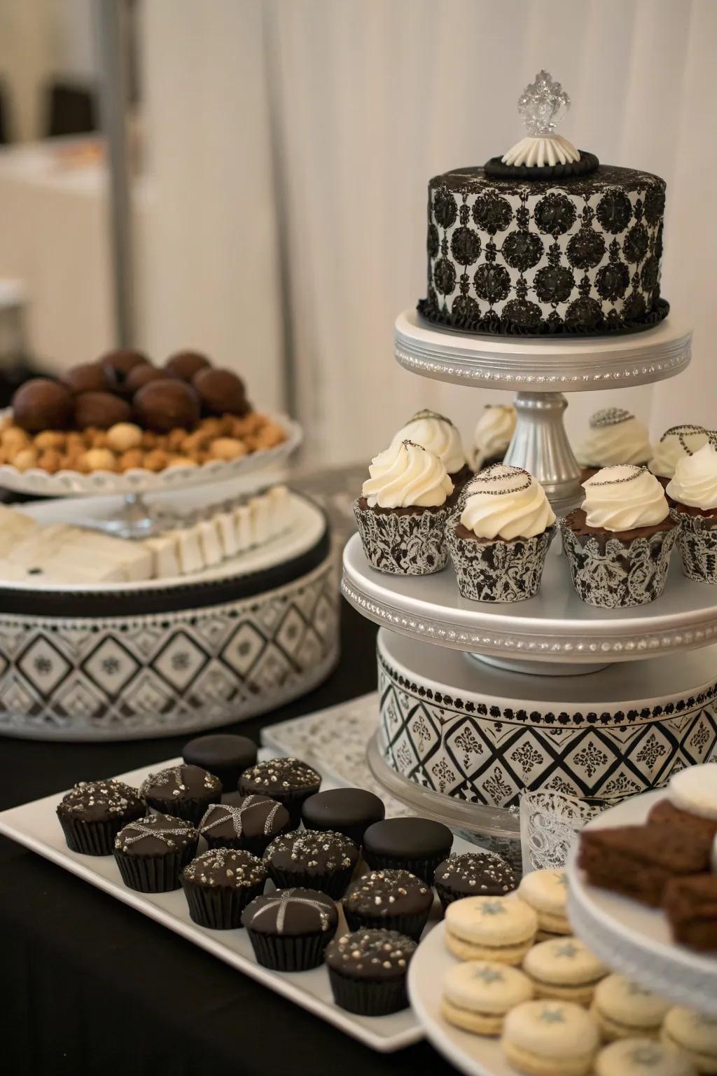 An innovative dessert table with black and silver treats.