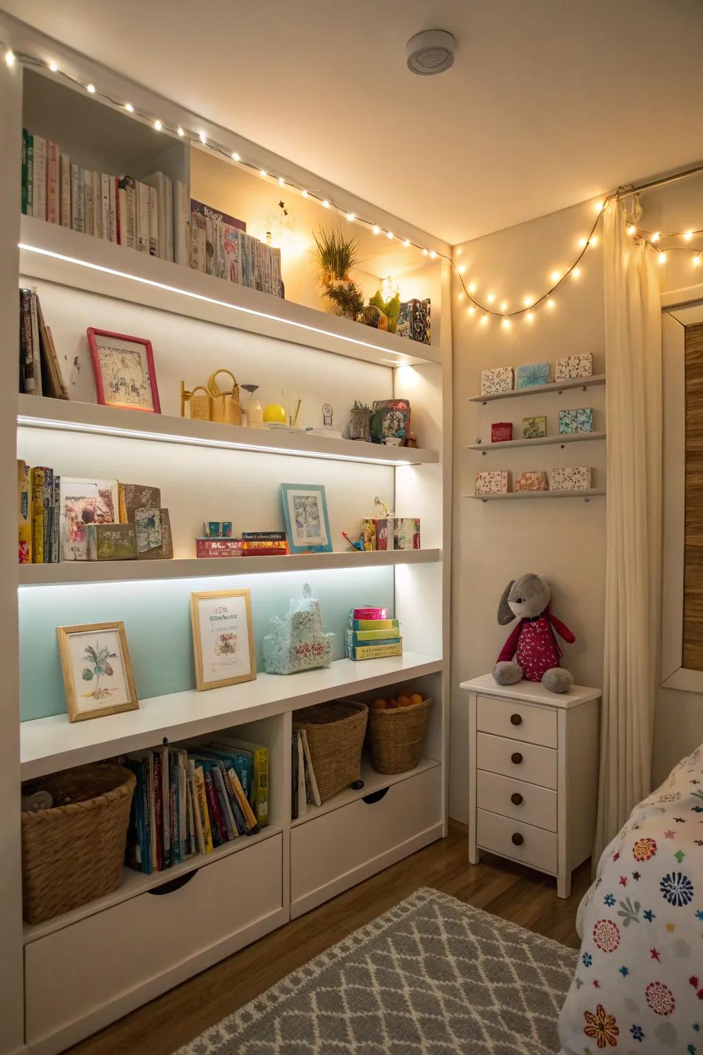 Lighting on shelves adds warmth.