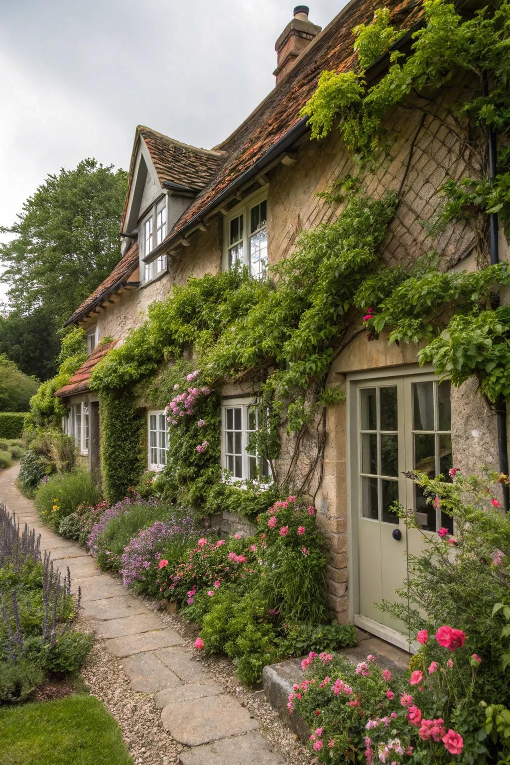 Climbing vines append a touch of enchantment to a cottage façade.