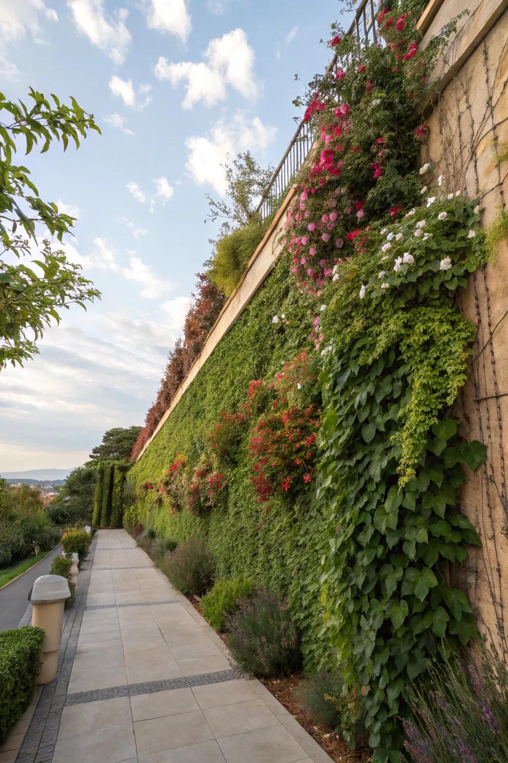 Standing gardens create a lush, living wall.