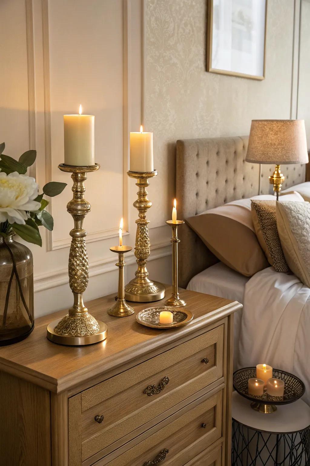 Gold candle holders create a warm, relaxing ambiance.