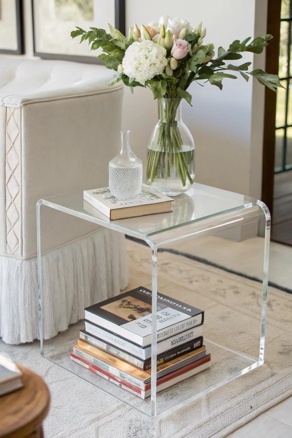 Clear furniture offers a stylish and subtle way to store your books.