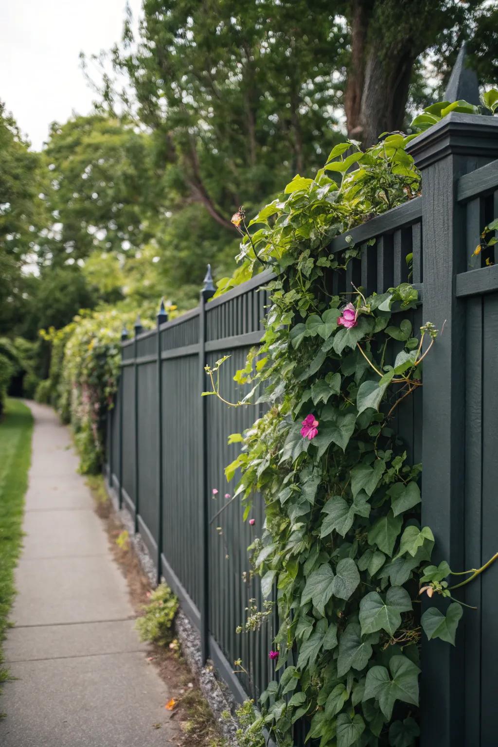 A dark grey fence transformed into a lush living wall with climbing plants.