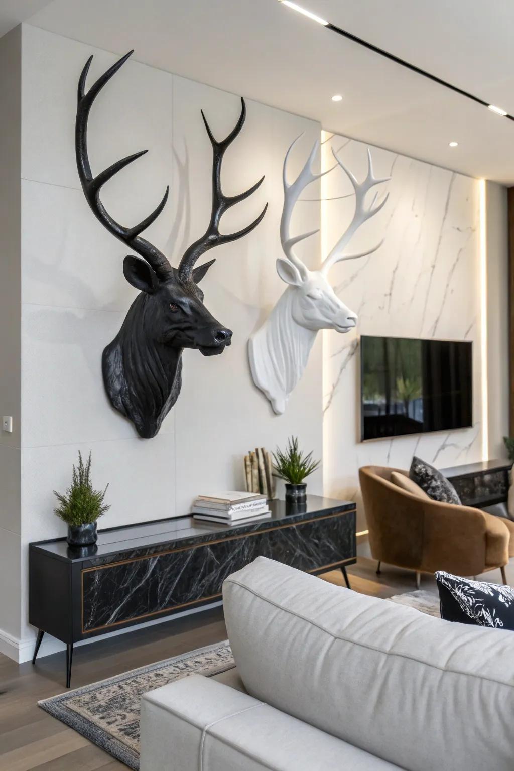 Monochrome painted deer antlers blend seamlessly into a contemporary home setting.