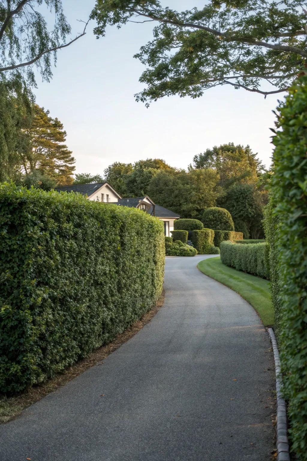 Wind-blocking hedges offering protection and enhancement along a driveway.