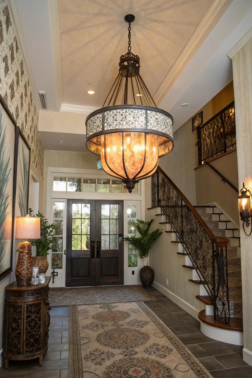 Mixed materials create a unique lighting fixture in this eclectic foyer.