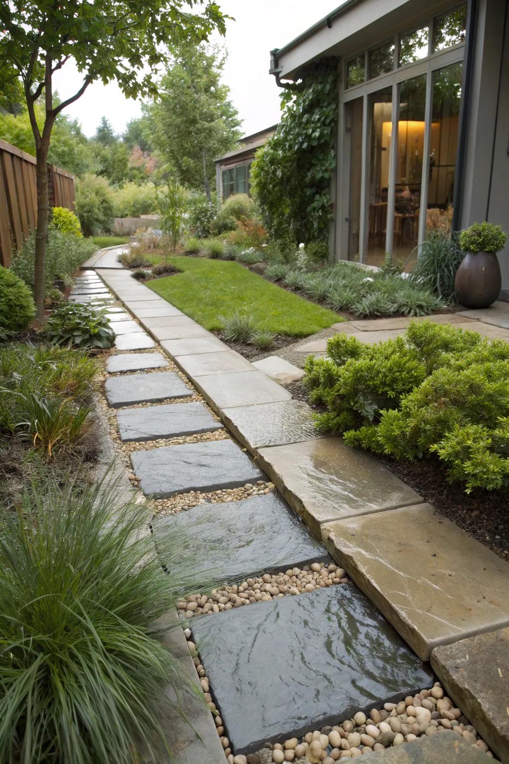 A sustainable flagstone path designed for effective water drainage.