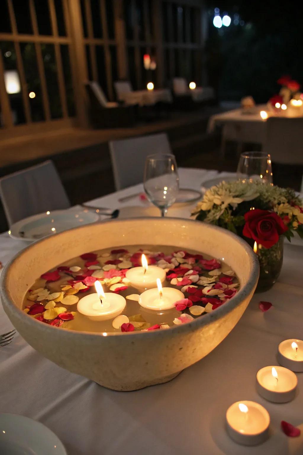 A serene floating candle and flower centerpiece.