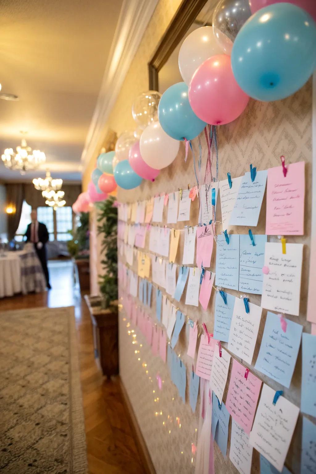 A memory wall brimming with guests' heartfelt wishes and predictions.
