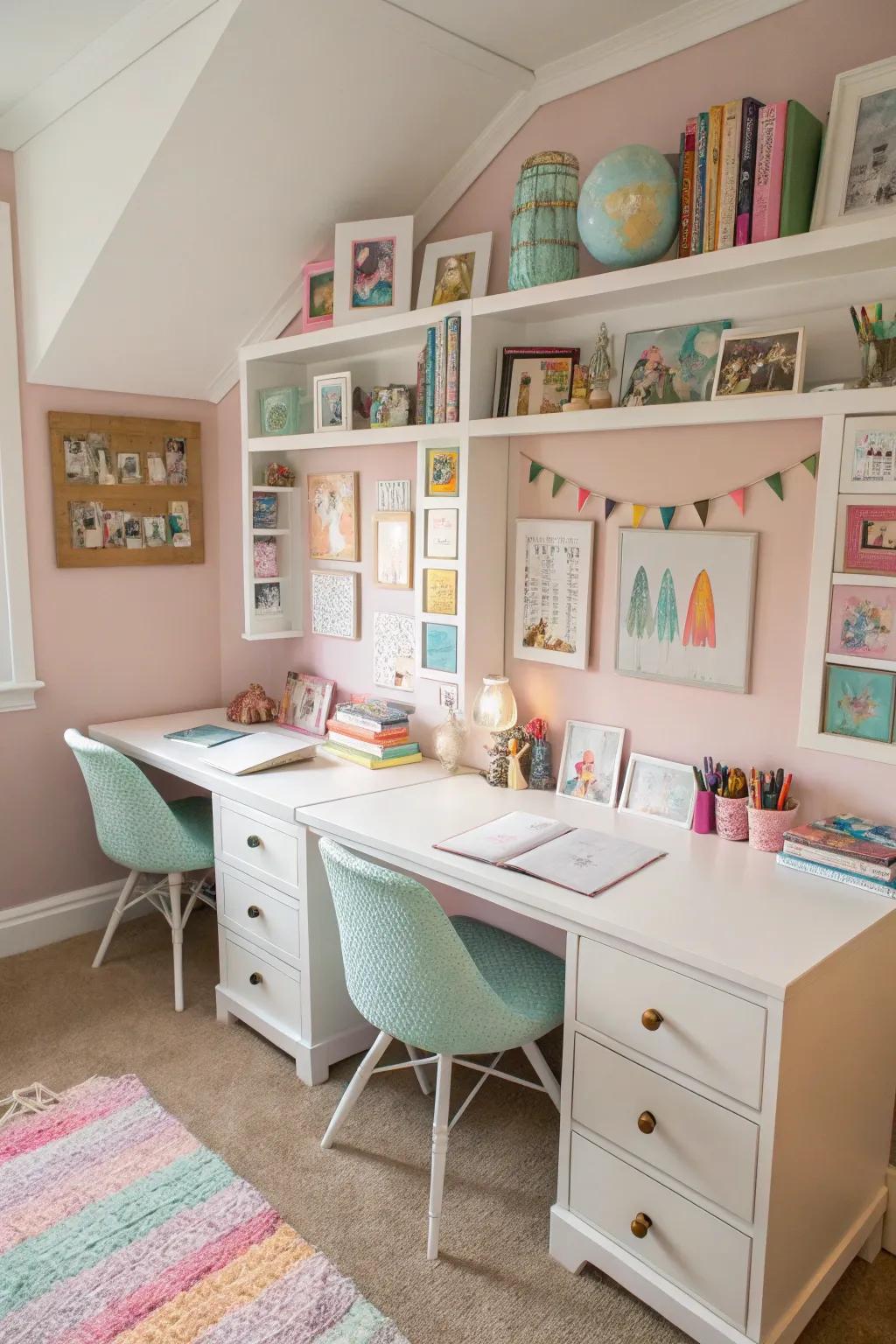 A communal study zone fosters productivity and collaboration in a shared room.