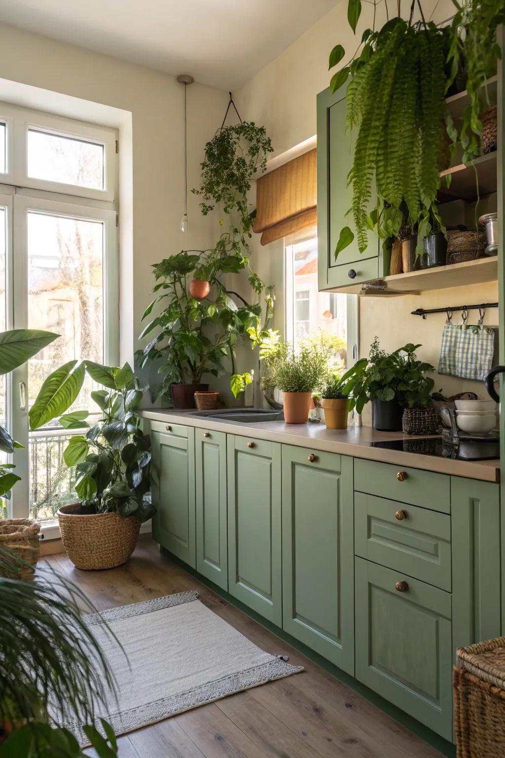 Indoor plants bringing life into a green-themed kitchen.