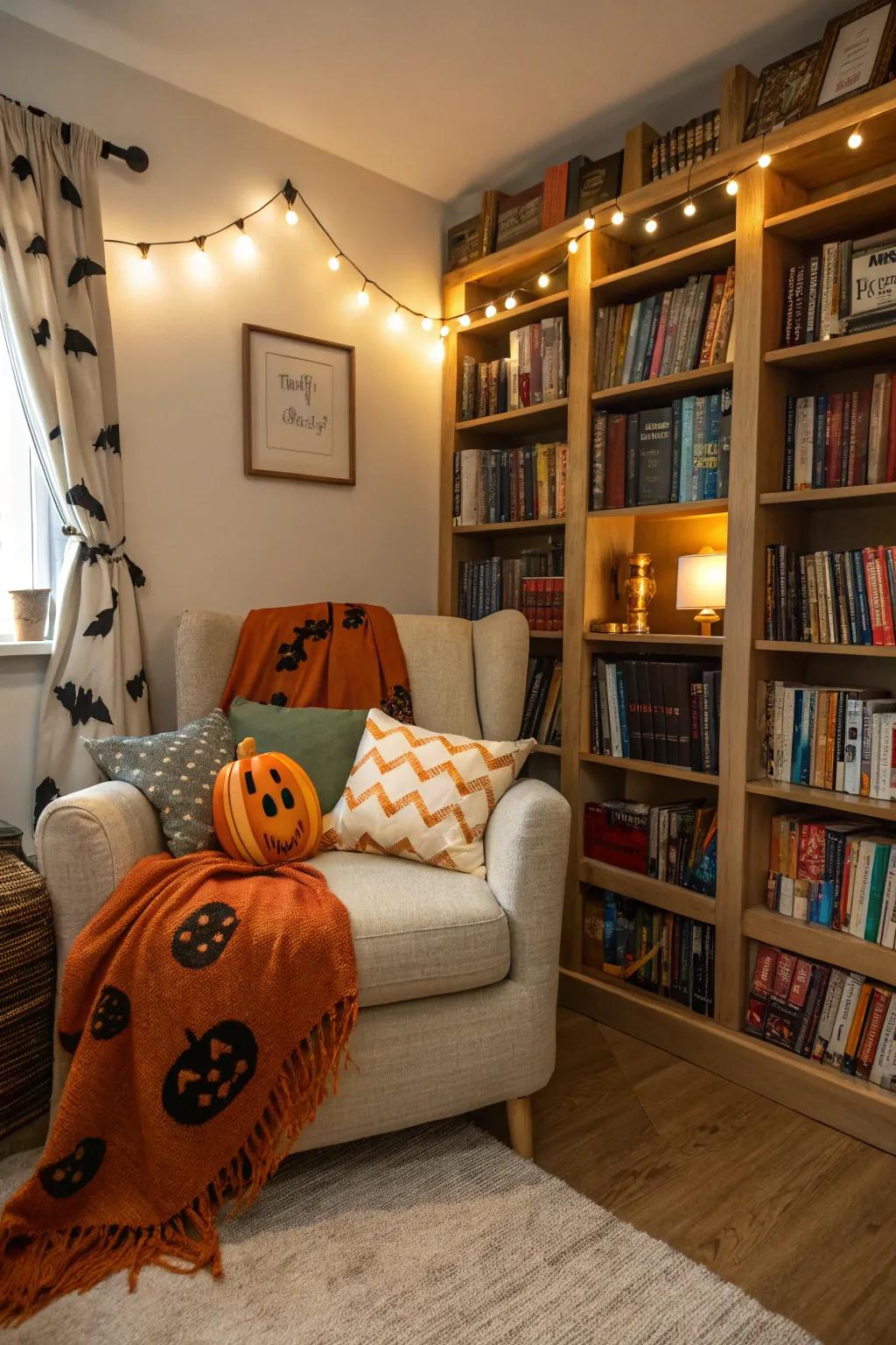 A cozy nook for Halloween reads.