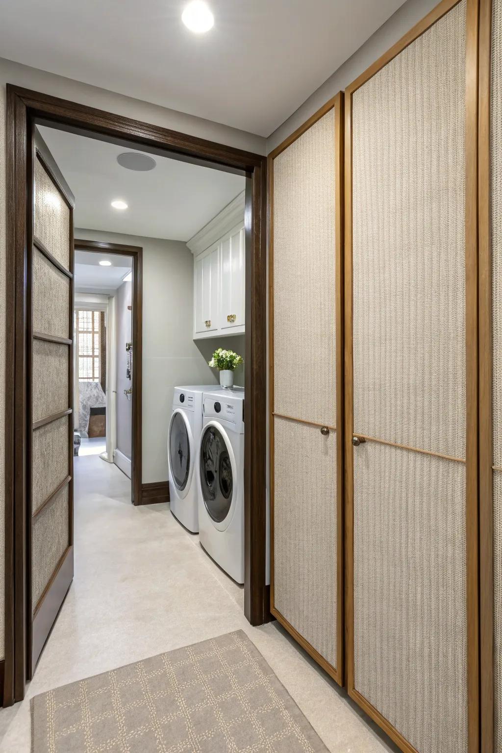 Textured fabric panel doors add a soft elegance to a hallway laundry room.