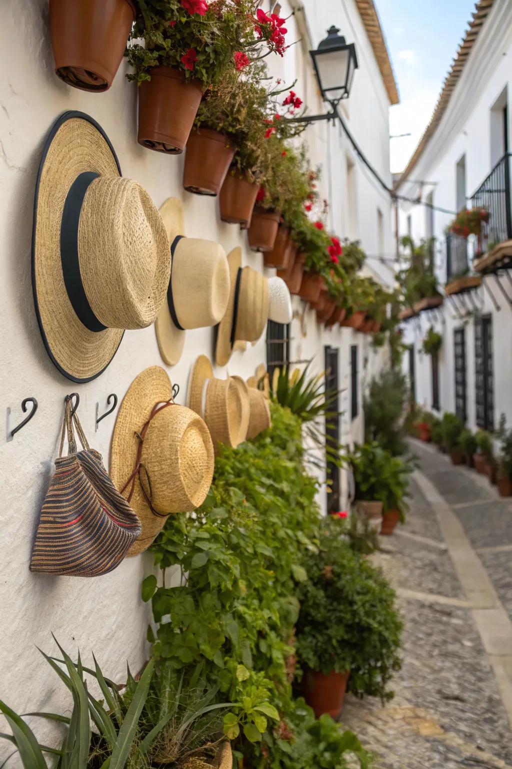 Hanging plants add life and color to your hat display.