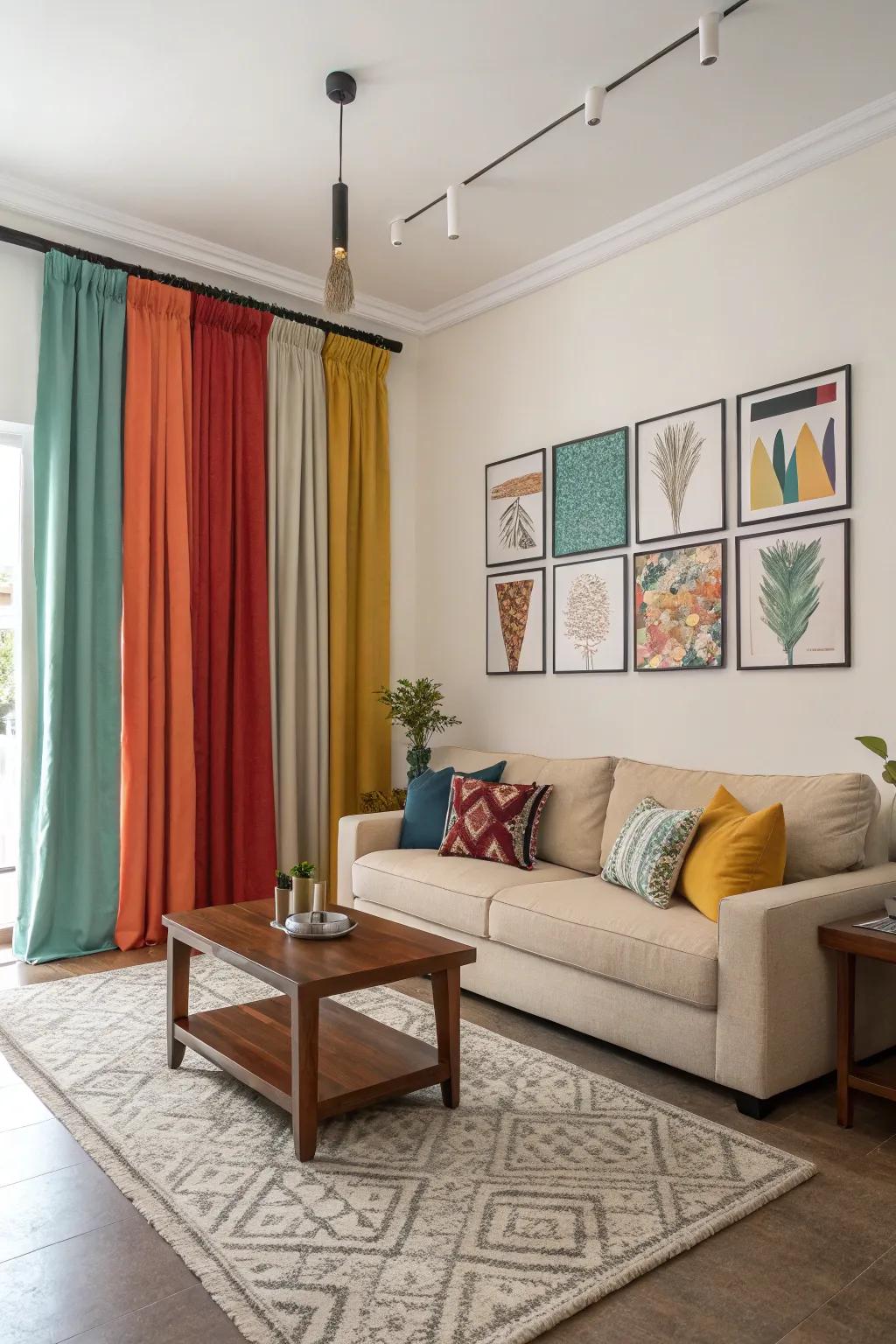 A pop of color in your curtains can energize a neutral living room.