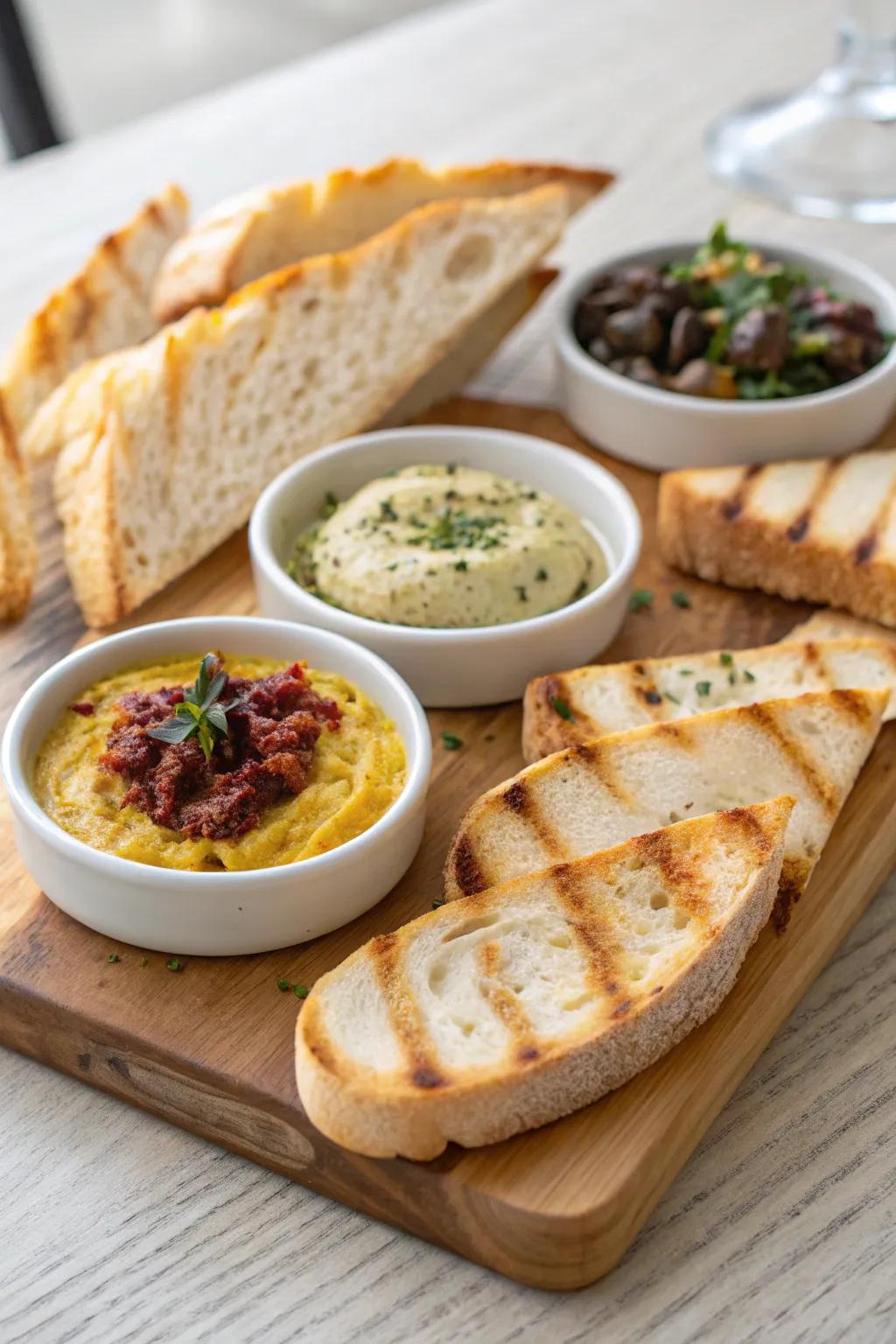 Grilled bread with dips is a delicious starter for any indoor BBQ.