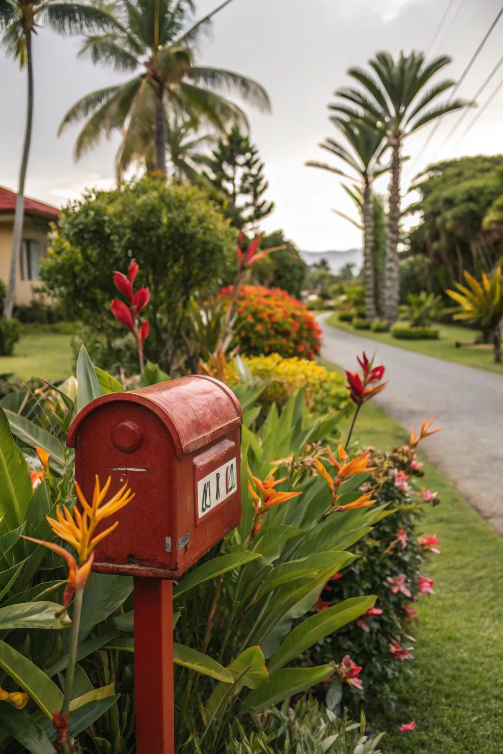 A tropical theme infuses your mailbox area with vibrant, exotic charm.