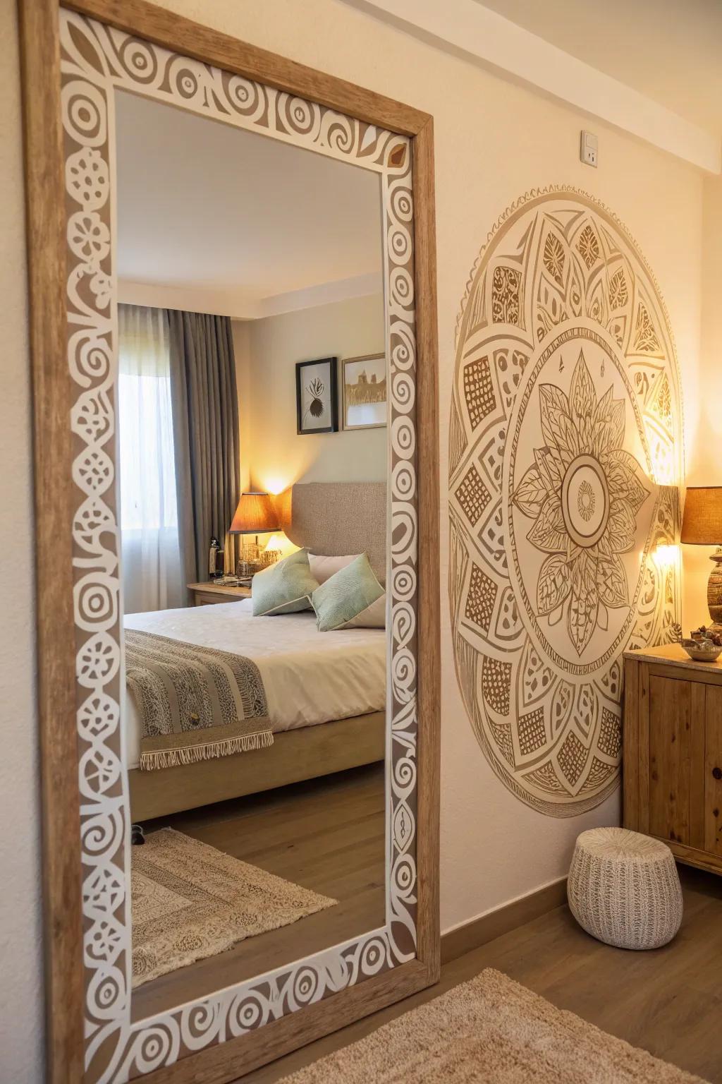 A mirror with a mandala design border adding elegance to a bedroom.