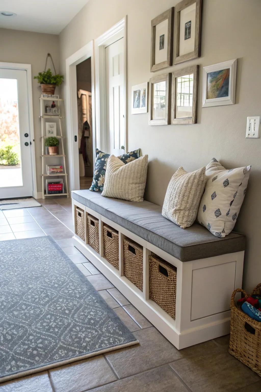 Multi-functional furniture enhances the utility of the hallway.