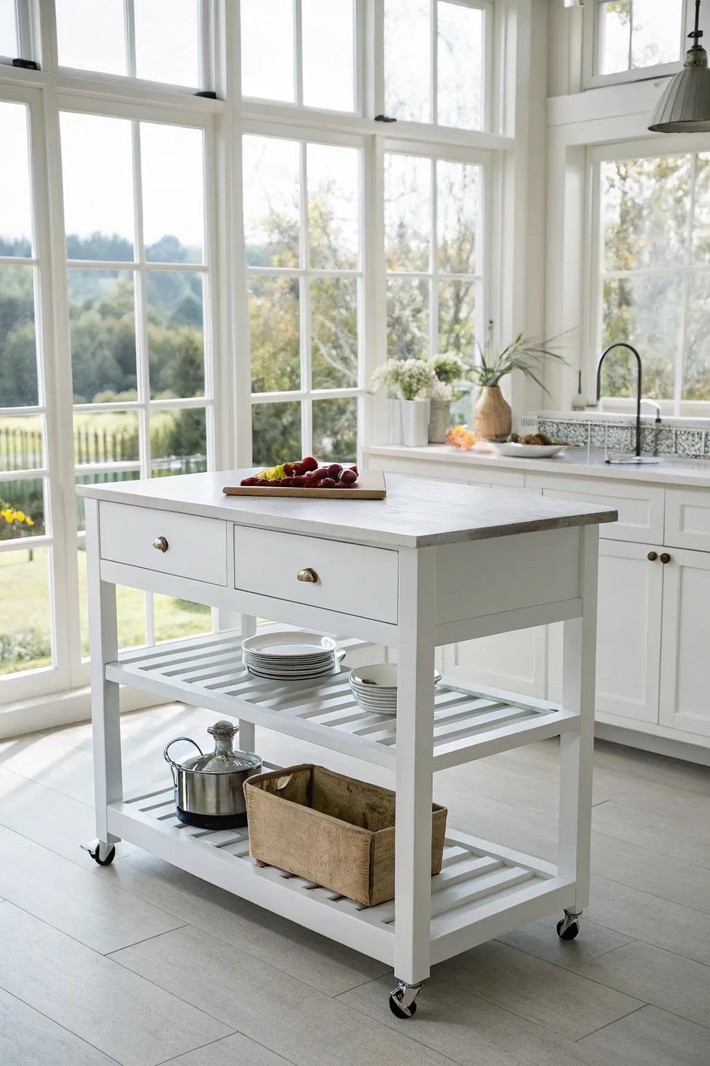 A clean and elegant white kitchen island