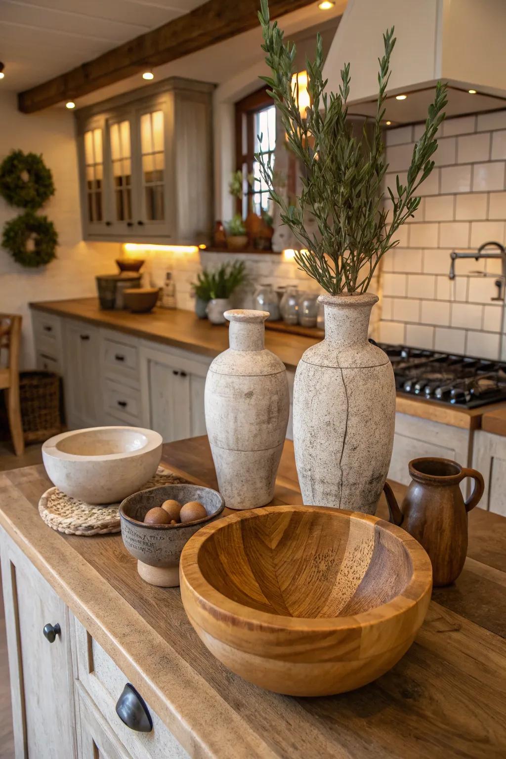 Unique accessories enhance the kitchen's connection to nature.