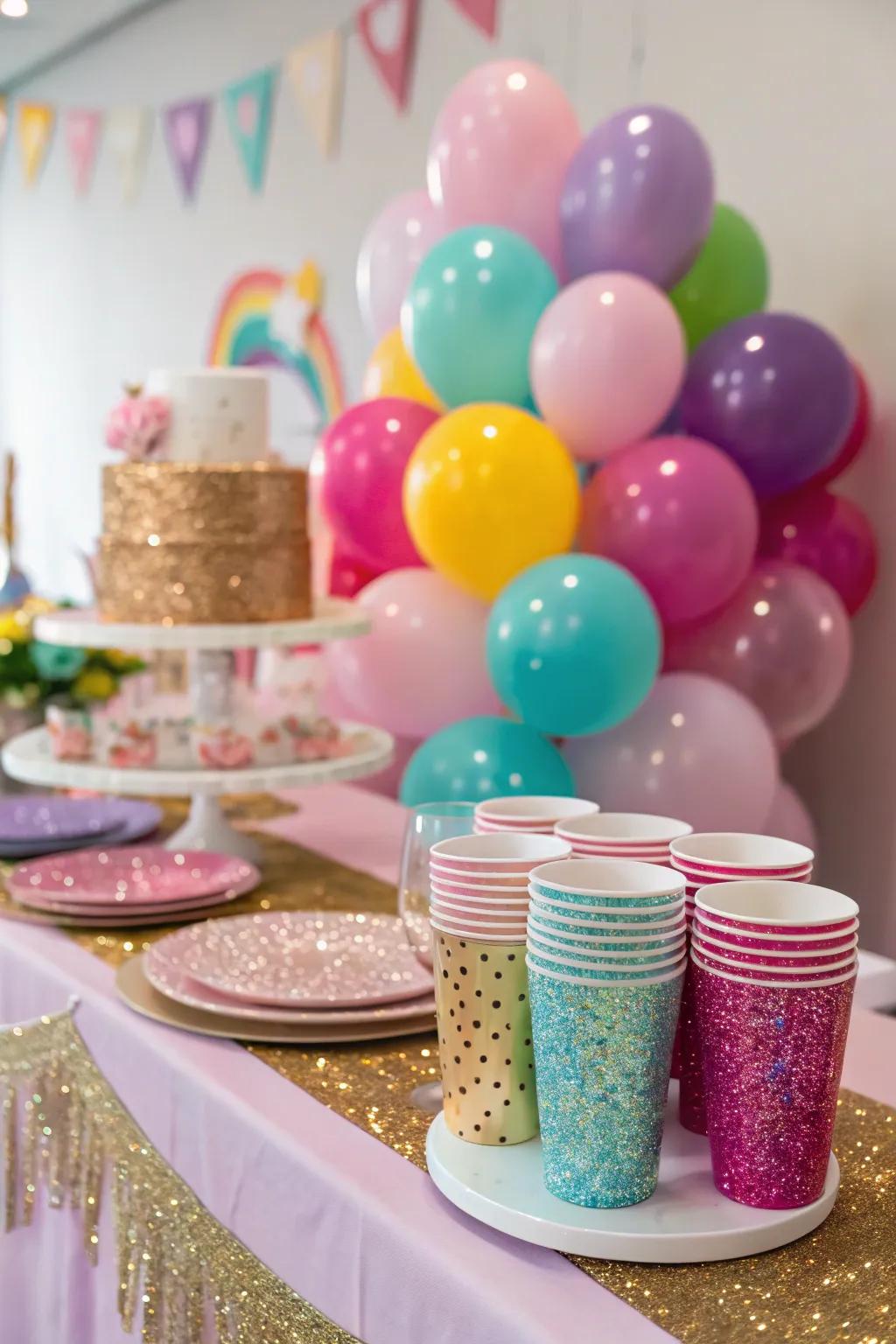 Glitter adds a glamorous sparkle to any party decor.