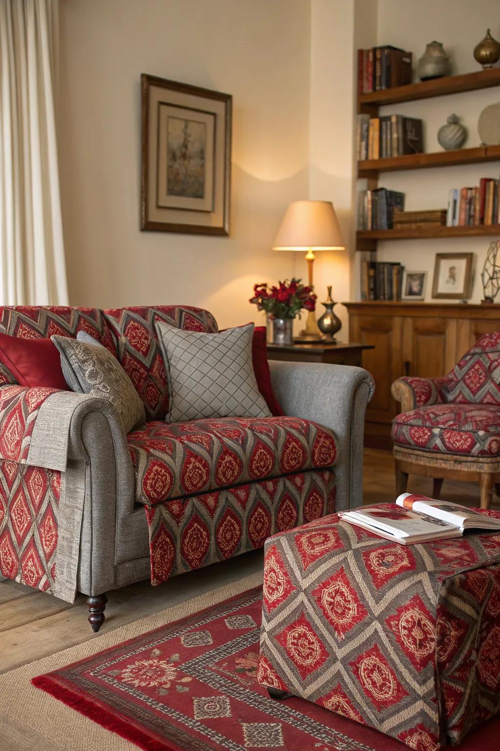 A living room with playful red and grey patterned textiles.