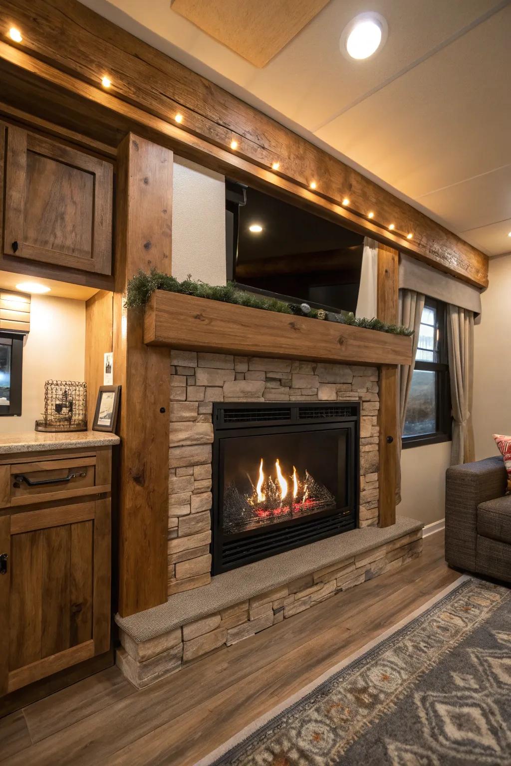 Timber beam overheads contribute rustic style atop fireplaces.