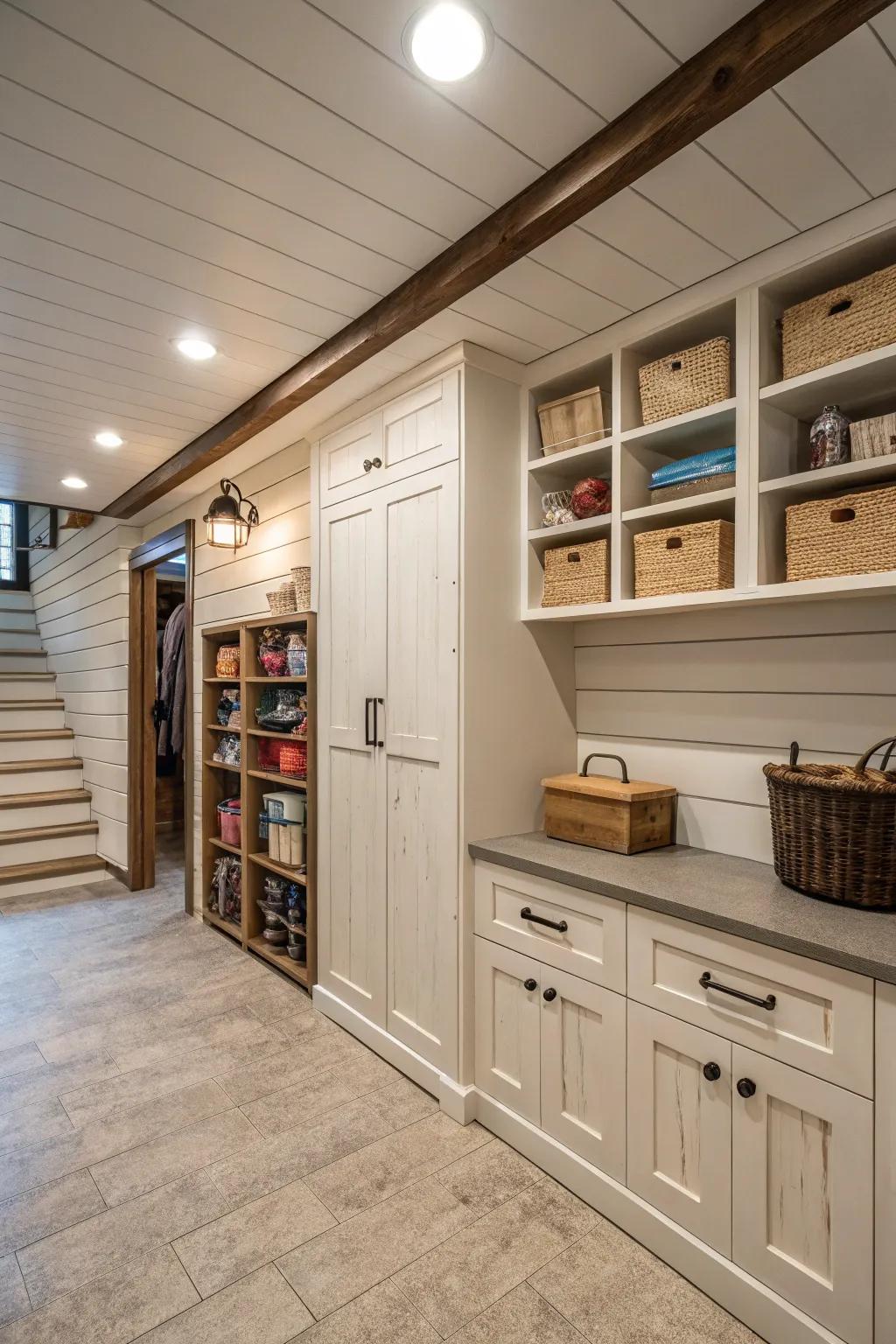Sleek storage with hidden board and batten panels.