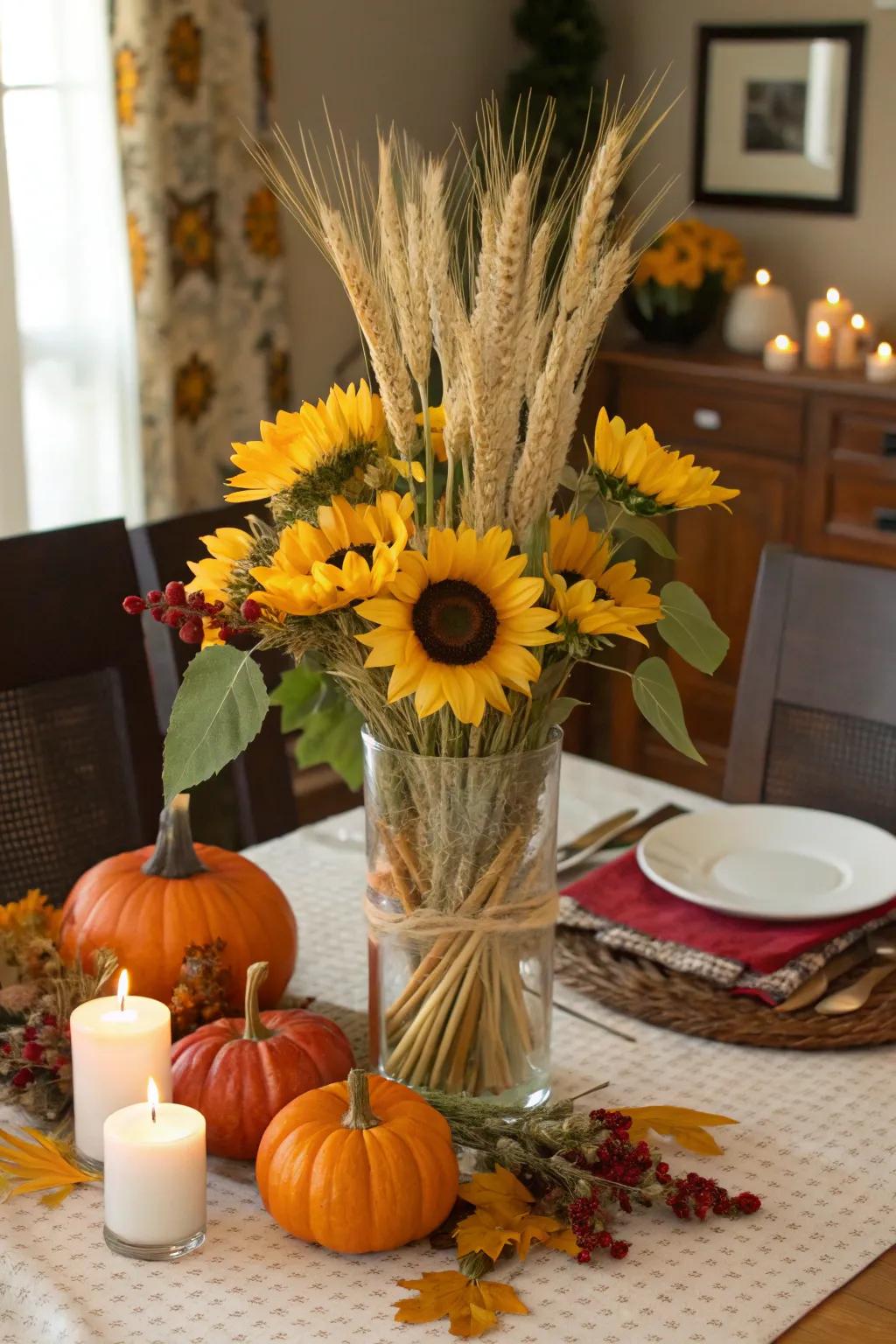 Wheat stalks add an autumnal texture to sunflower arrangements.