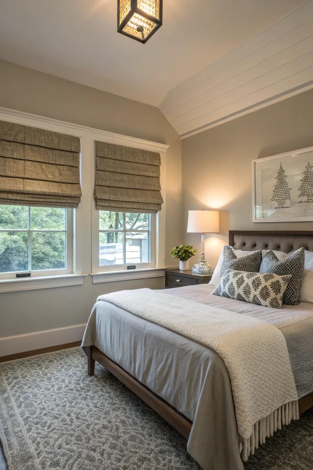 A small bedroom featuring Roman shades for a stylish and space-saving solution.