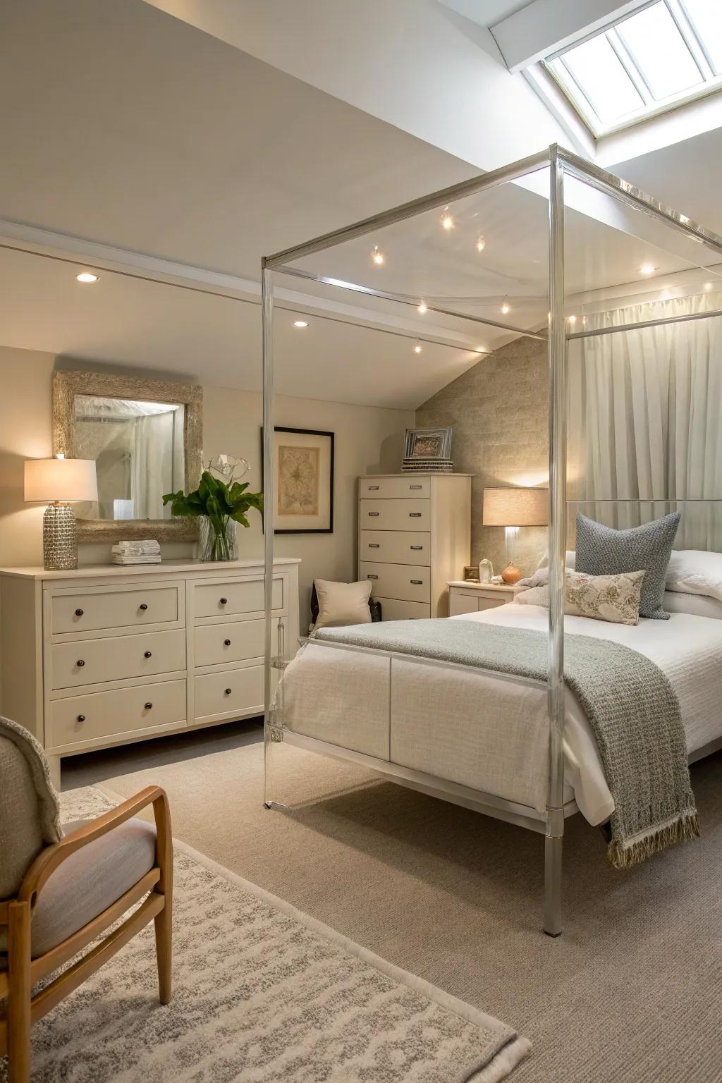 Transparent furniture maintains an airy feel in a small master bedroom.