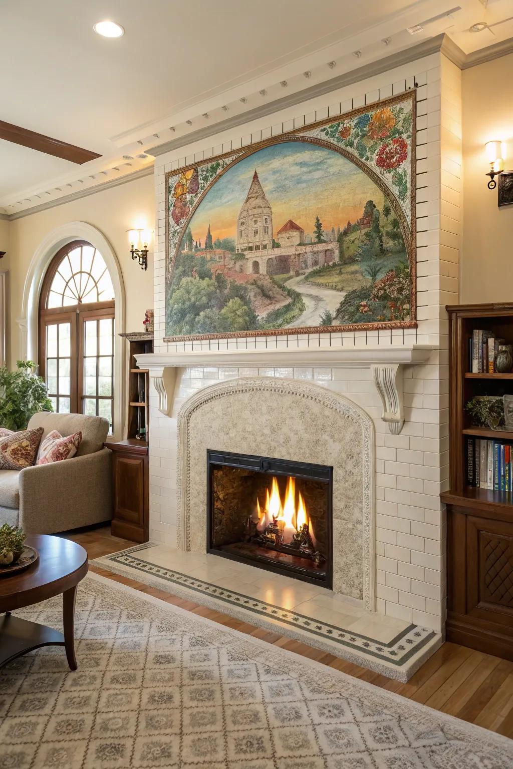 Artistic murals transform this subway tile fireplace into a storytelling centerpiece.