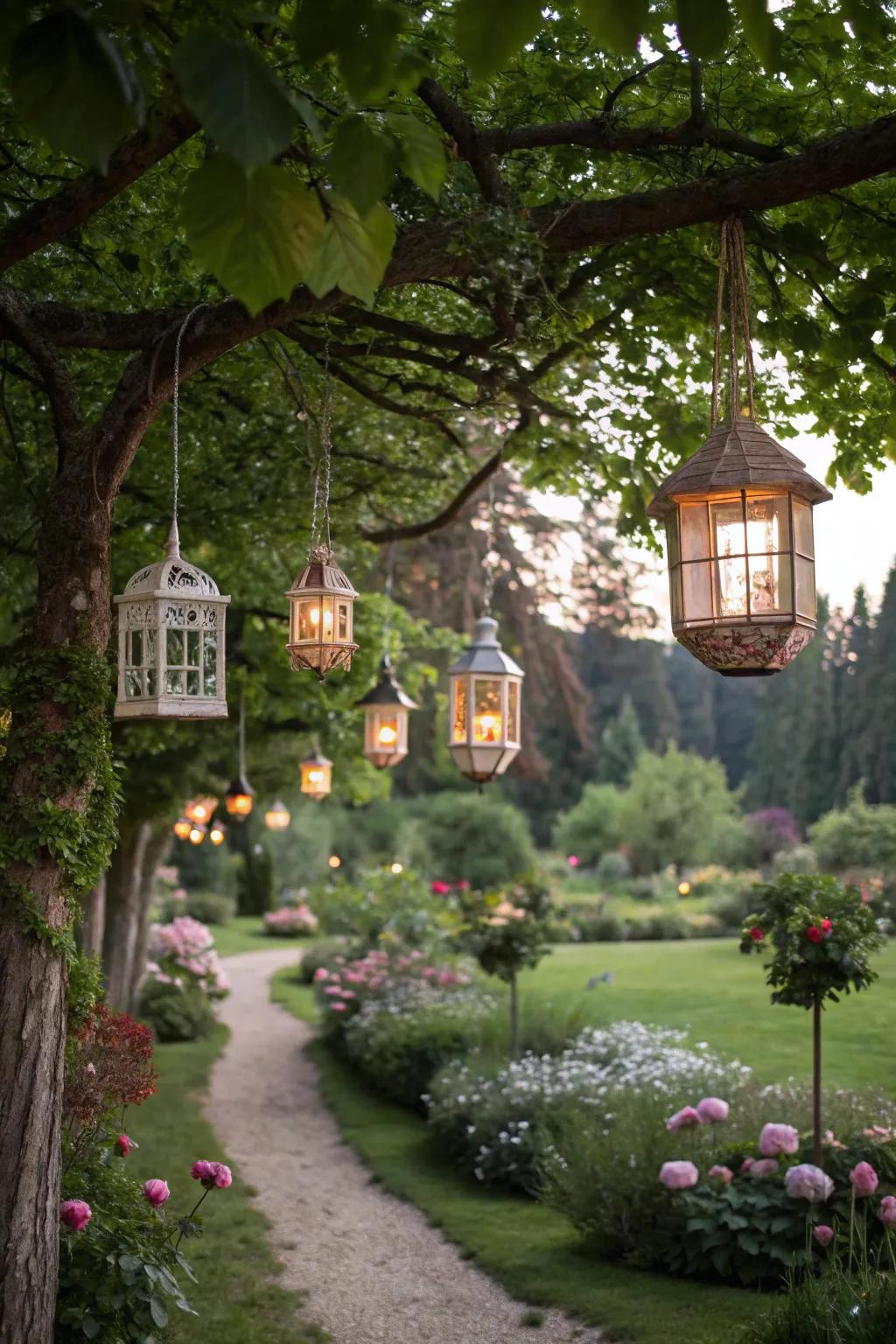 A garden decorated with whimsical hanging lanterns.