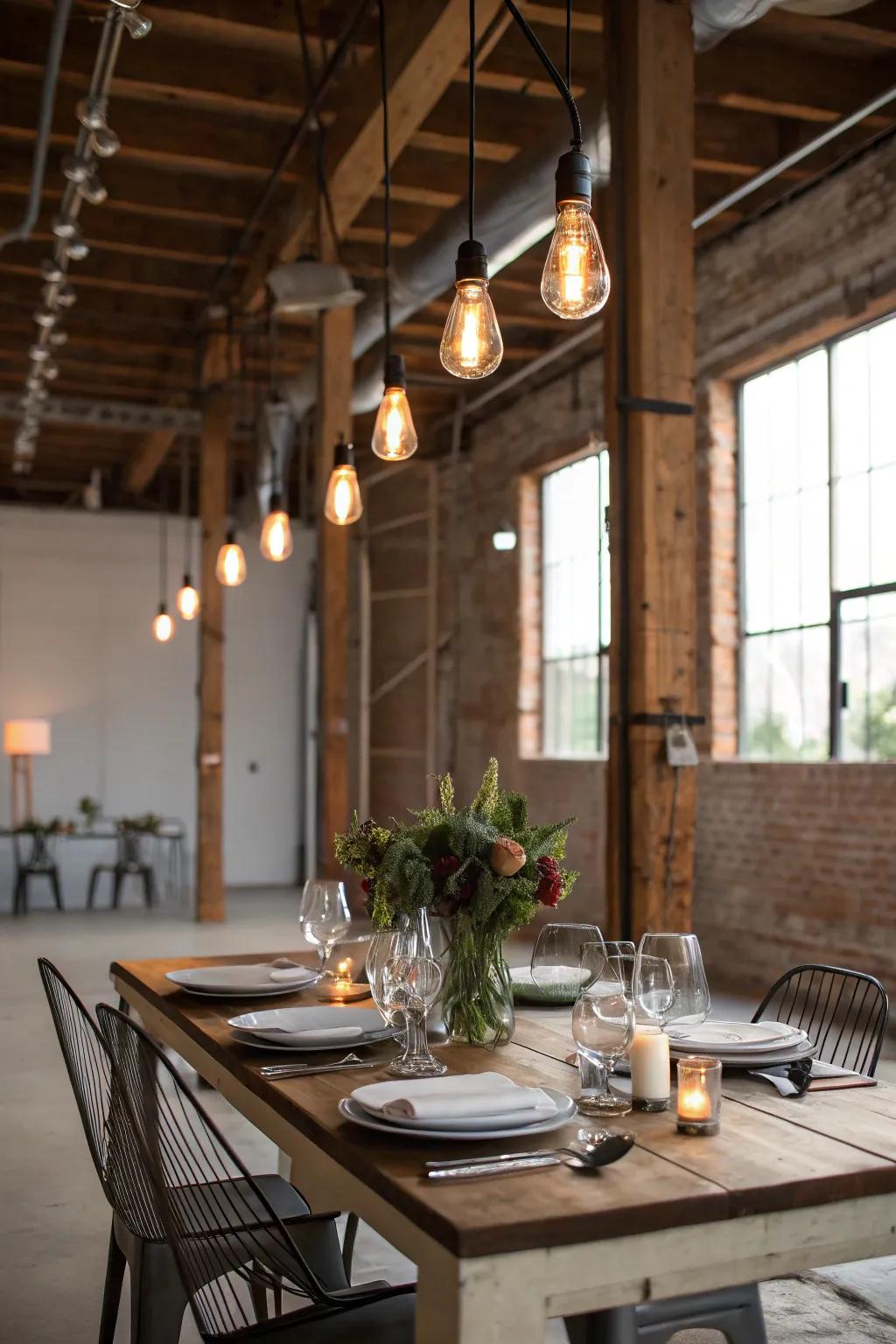 An industrial table setting with metal and wood elements.