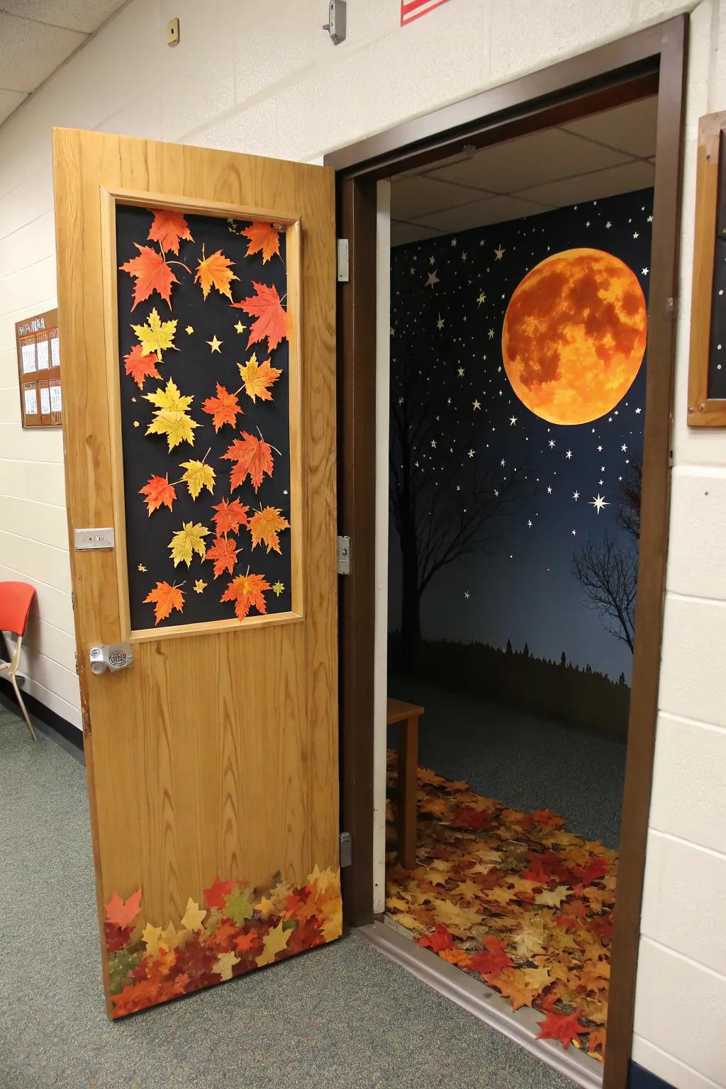 An enchanting Harvest Moon door display setting a mystical tone.