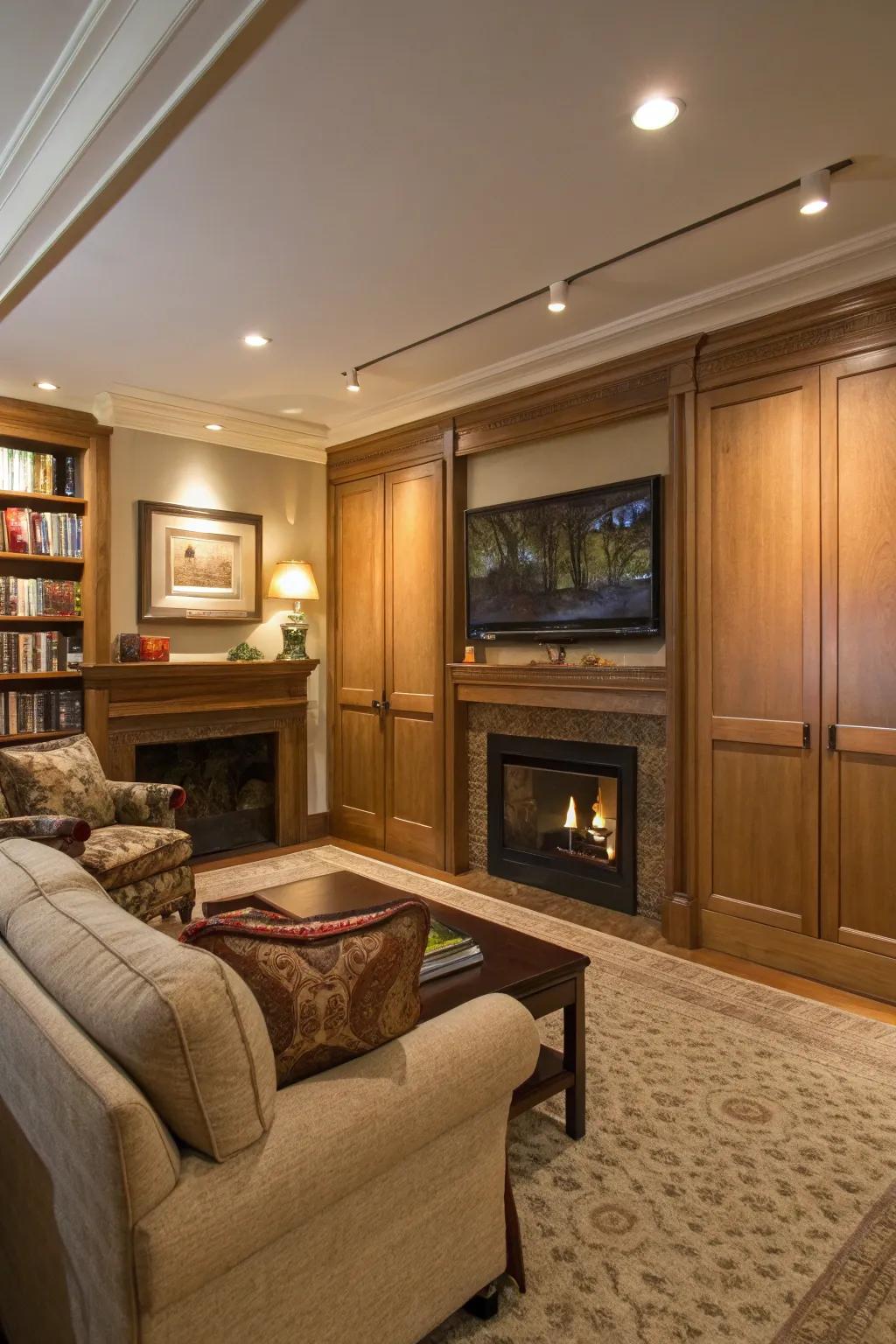 A living room with a TV hidden behind decorative panels.