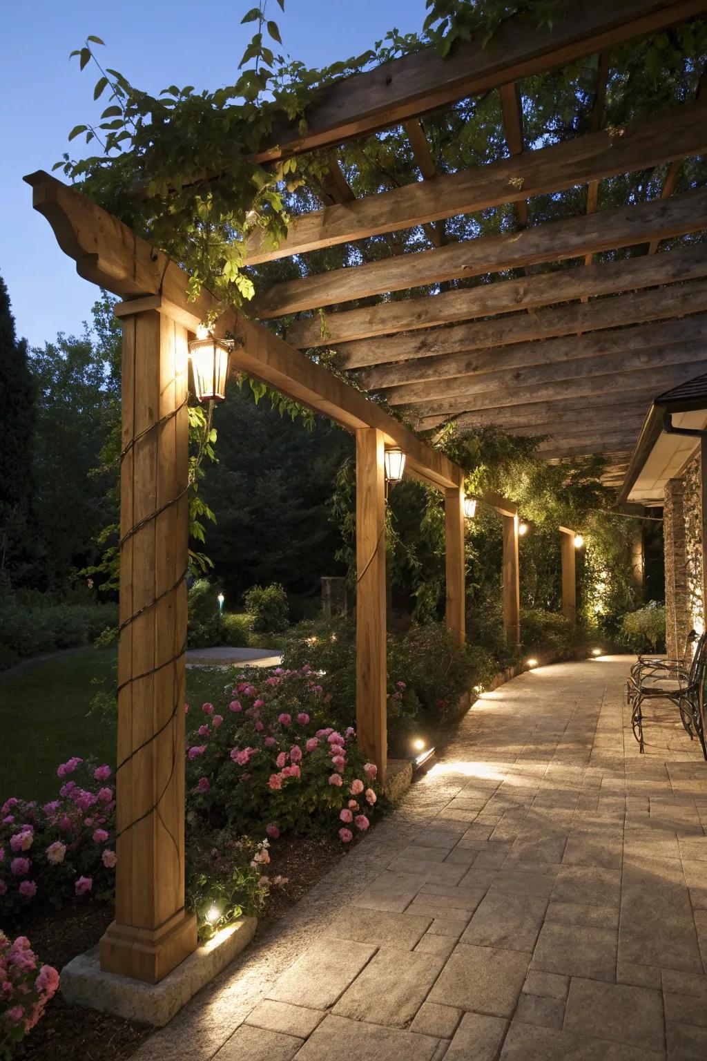 Under eave lighting transforms a pergola into an enchanting space.