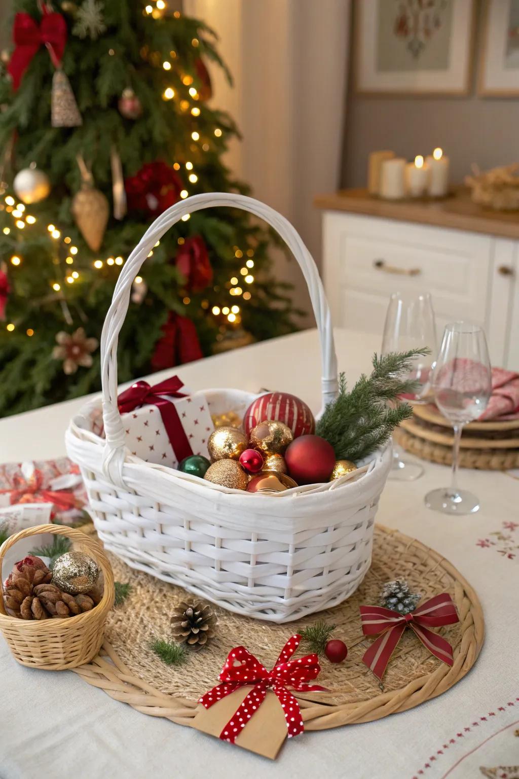 A holiday cheer white gift basket for festive celebrations.