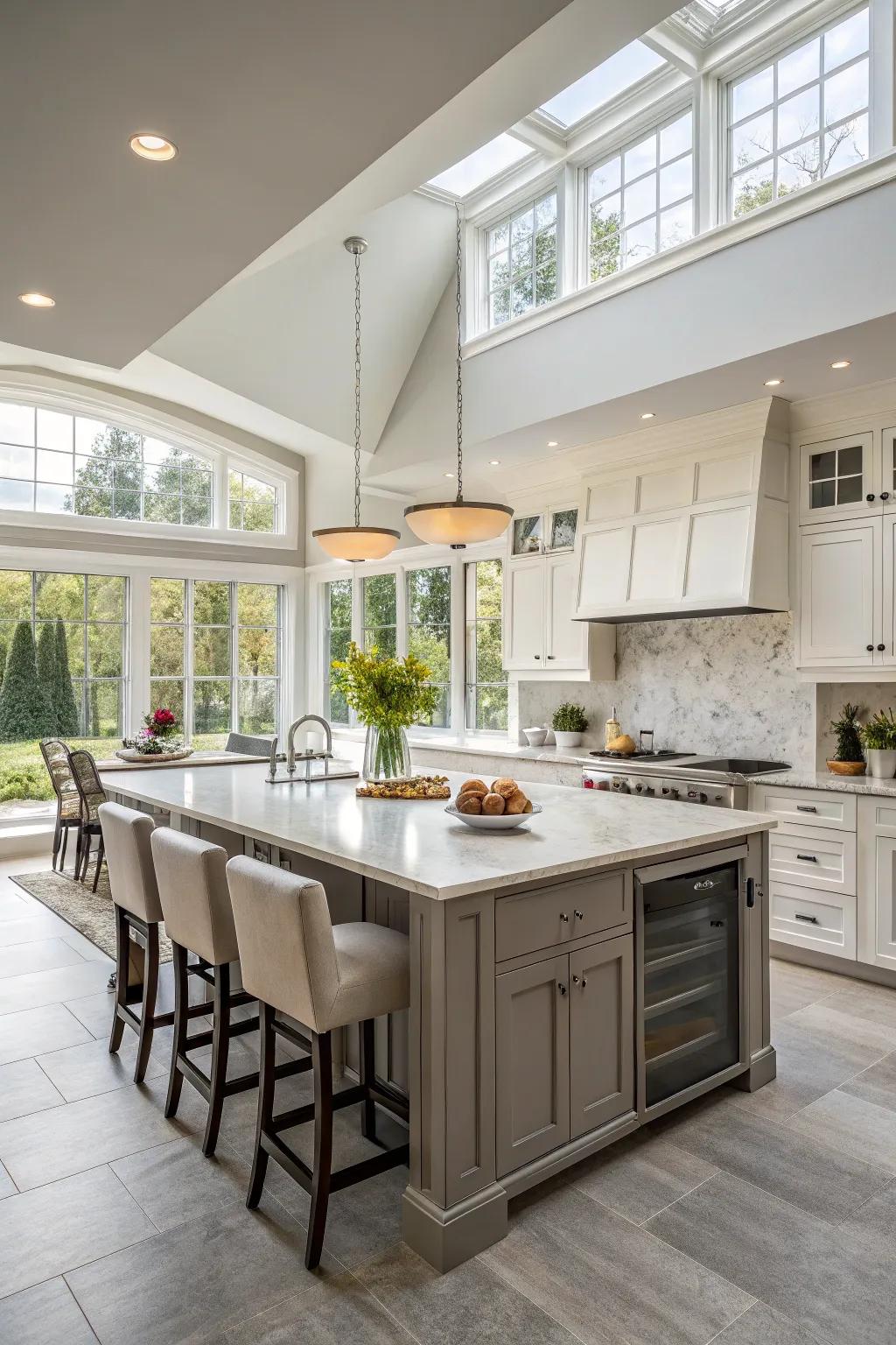 A multi-functional hub enriching a wide galley kitchen.