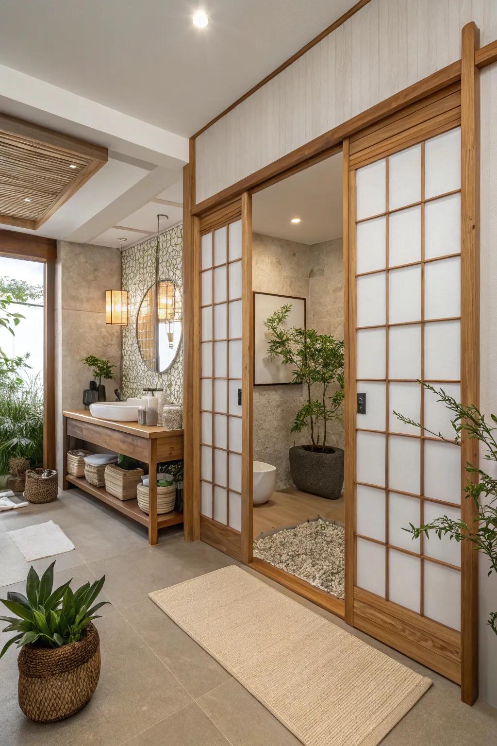 Screen-style wood doors offer a serene and balanced bathroom design.