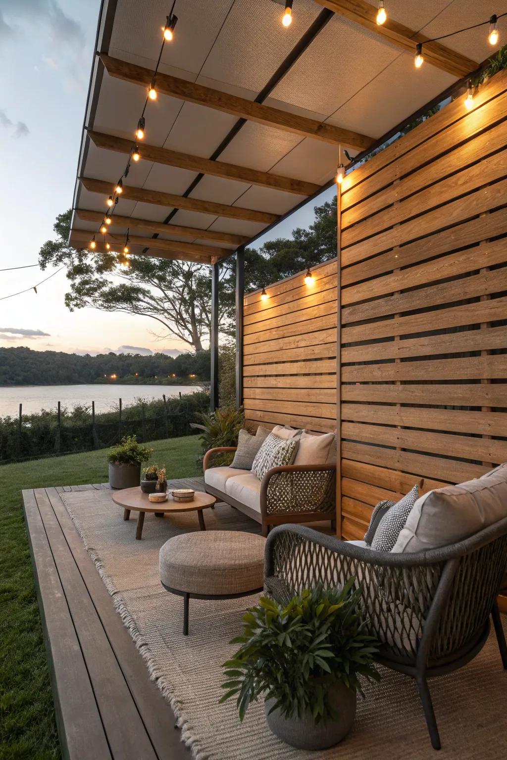 Bring style outdoors with an elegant wood slat wall.