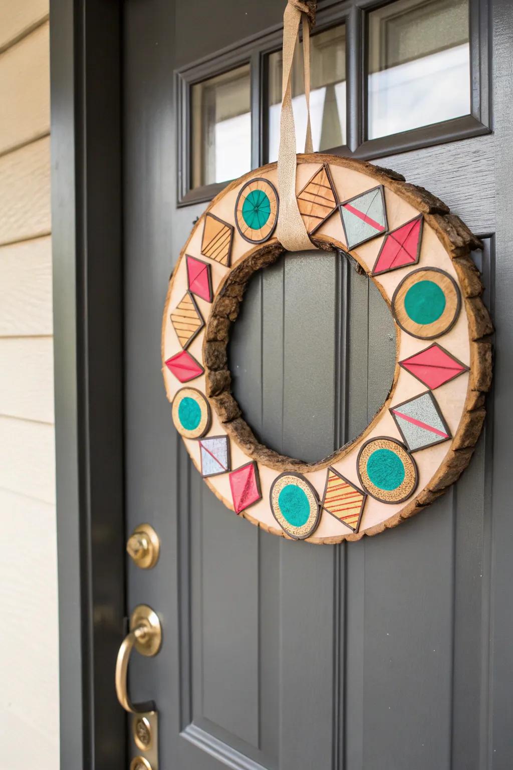 Modern geometric wooden circle wreath for sleek style.