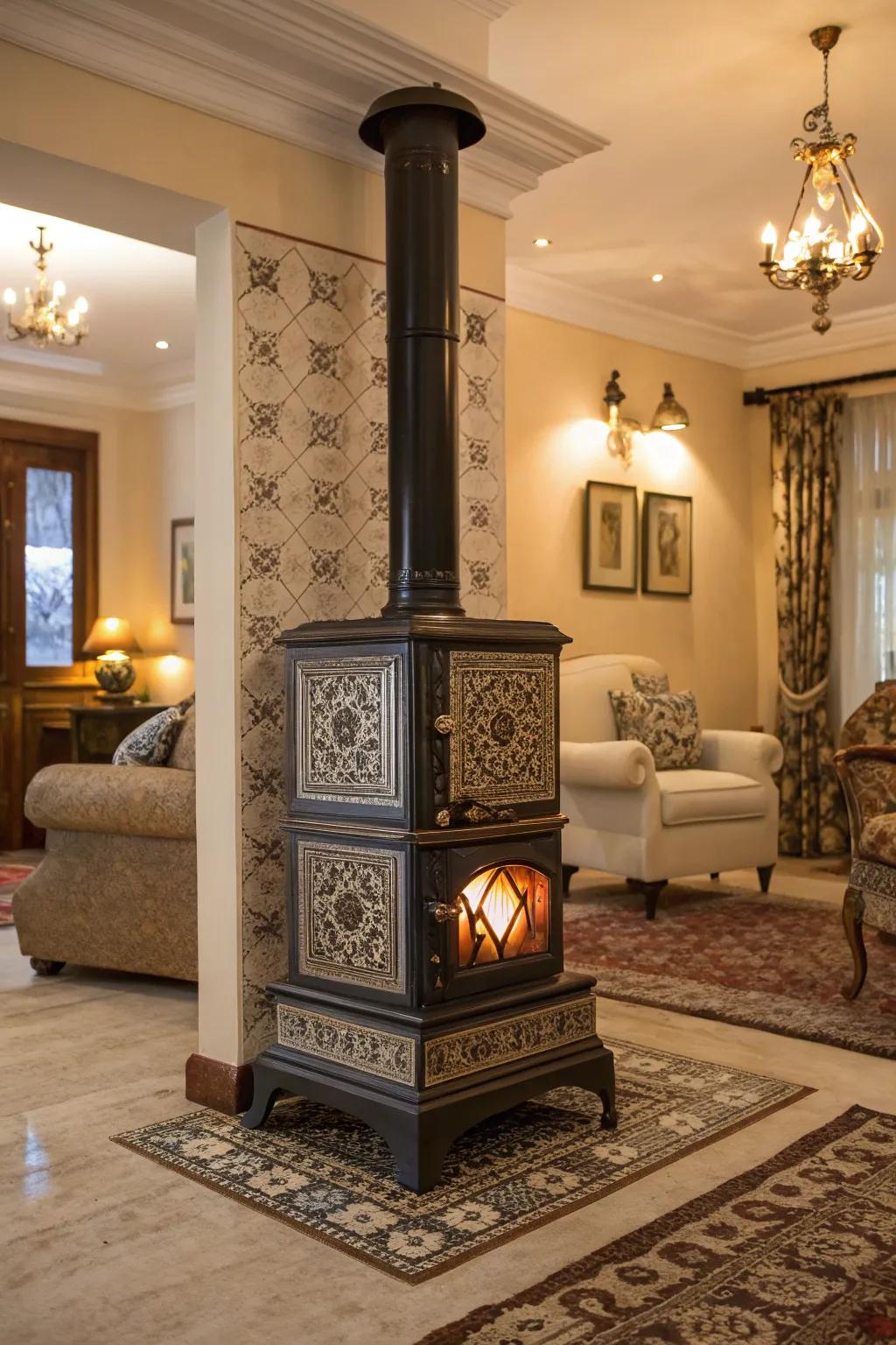 Art Deco tiles infuse glamour and opulence into your wood heater area.