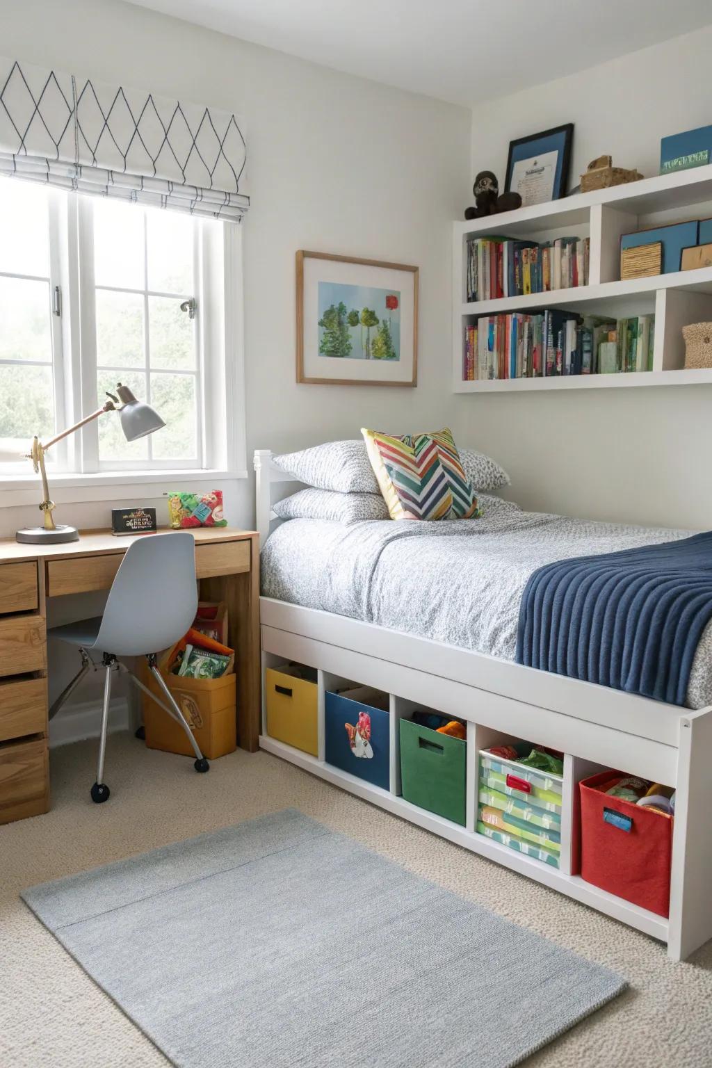 Under-the-bed storage keeps a boy's room tidy and organized.