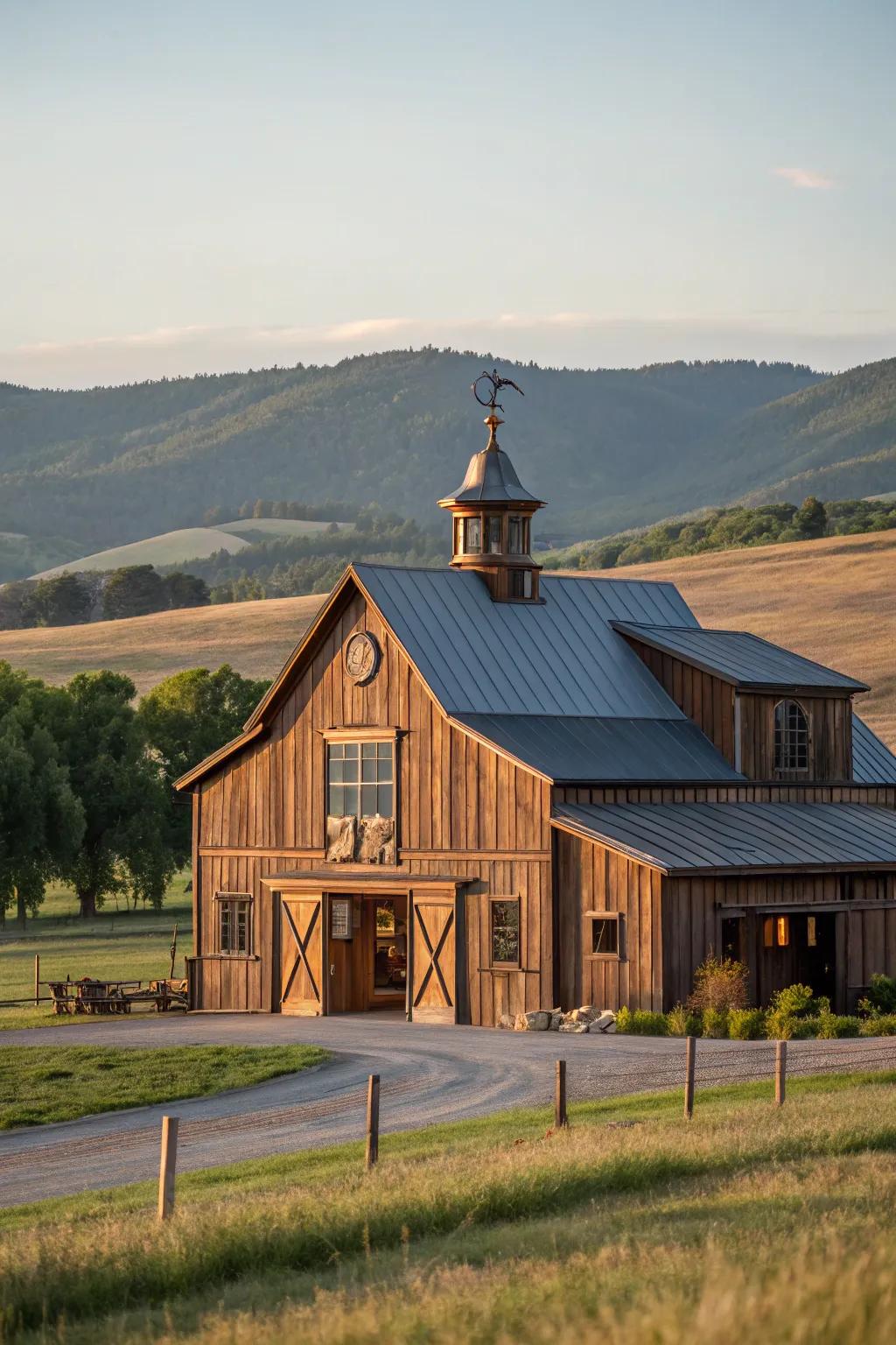 A barn with elegant bronze accents that enhance its overall design.