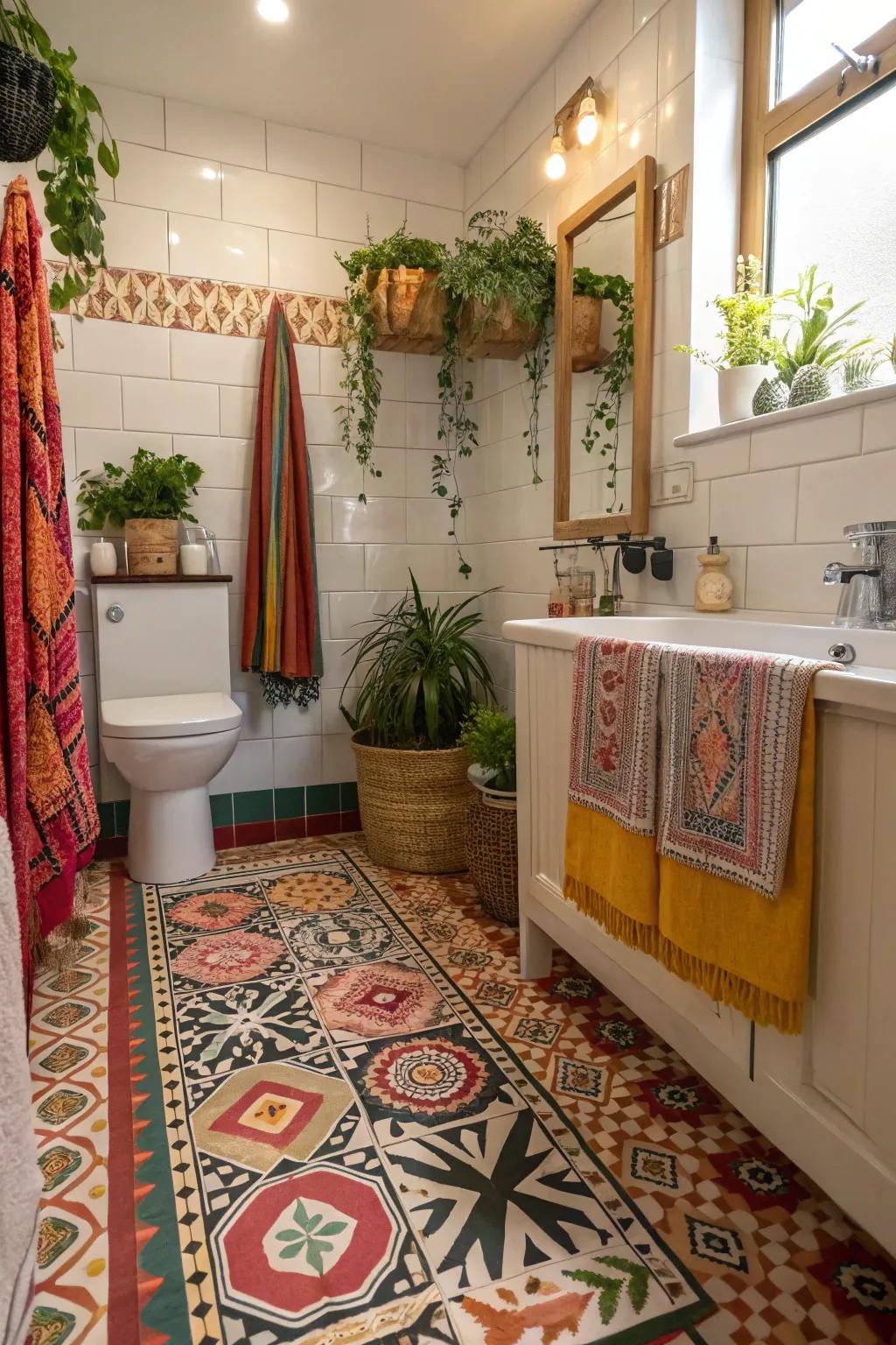 Bohemian-style vinyl flooring adds a whimsical touch to this eclectic bathroom.