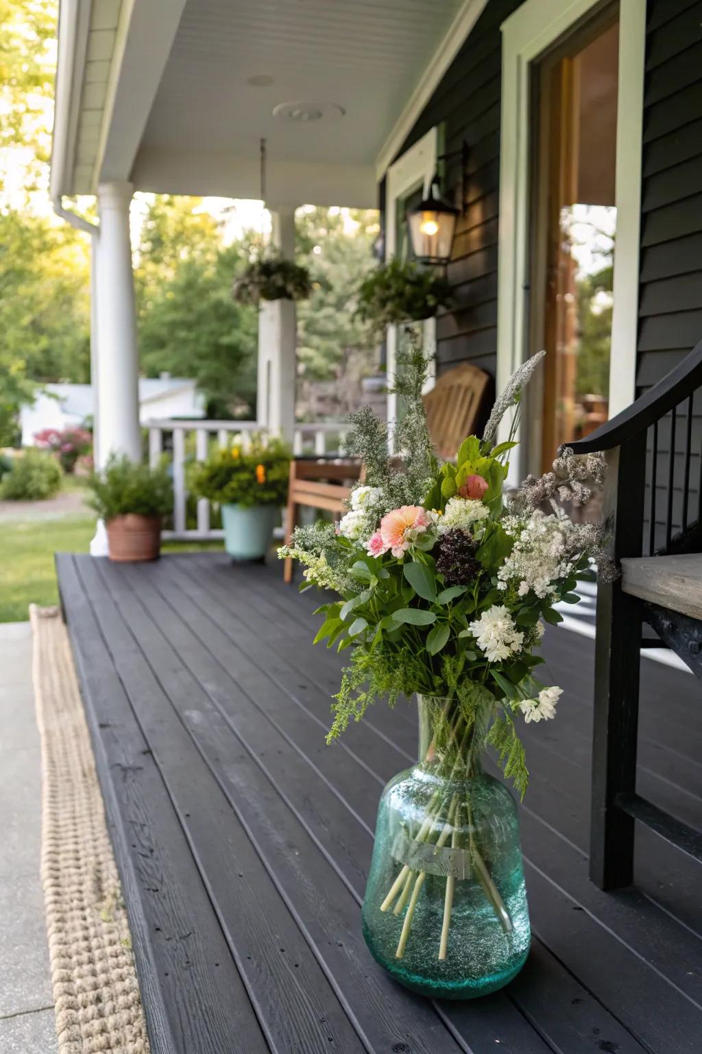 A recycled glass vase as part of sustainable decor on a black porch.